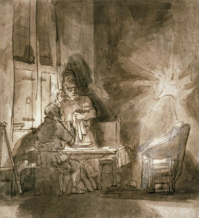 No.2139 Nattverd i Emmaus, ca. 1648-9 (penn og blekk og brun vask) av Rembrandt van Rijn